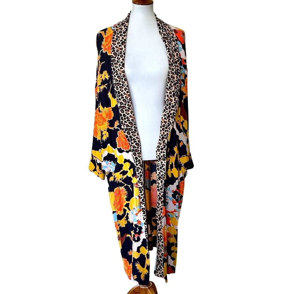 Free People Wild Nights Mixed Print Floral Leopard Duster Kimono L